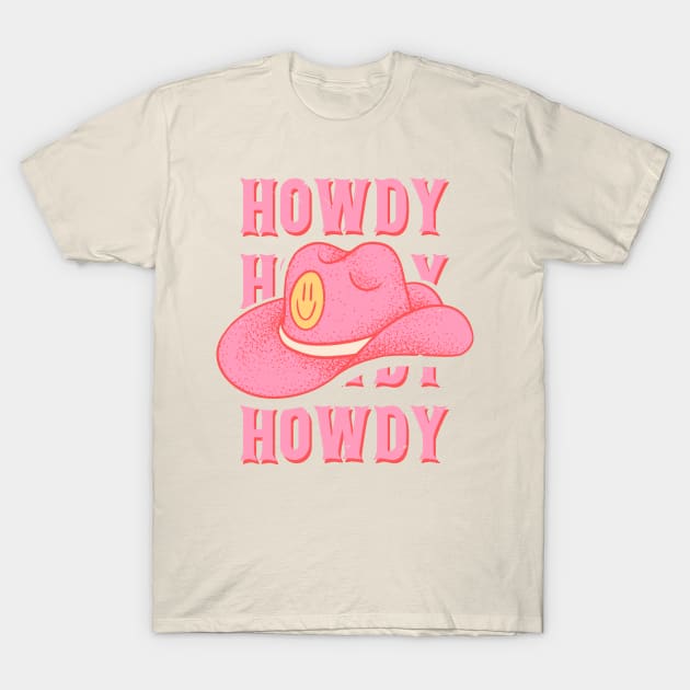 HOWDY HOWDY HOWDY YALL | Pink Cowboy Hat Cowgirl Preppy Aesthetic | Creamy Pink Background T-Shirt by anycolordesigns